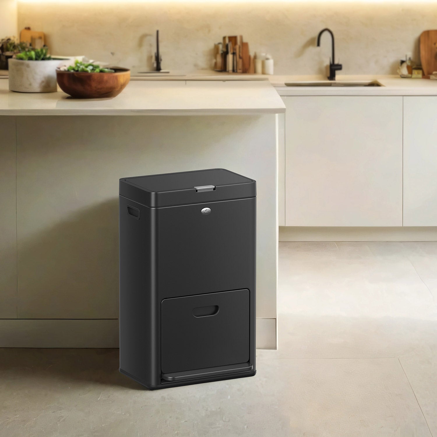 Recycling Bin - Metal - Black - 3 Compartments with Carbon Filter