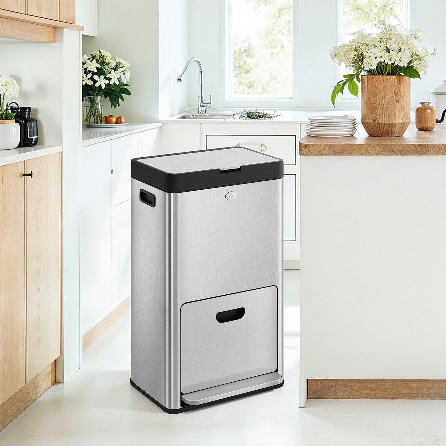 3-Compartment Kitchen Bin - Stainless Steel - Silver - Includes Carbon Filter