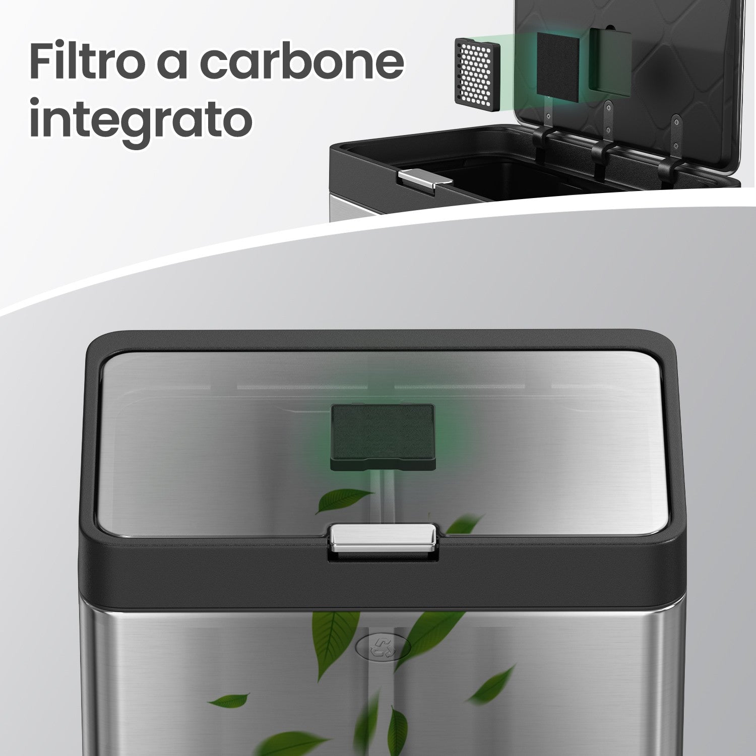 3-Compartment Kitchen Bin - Stainless Steel - Silver - Includes Carbon Filter