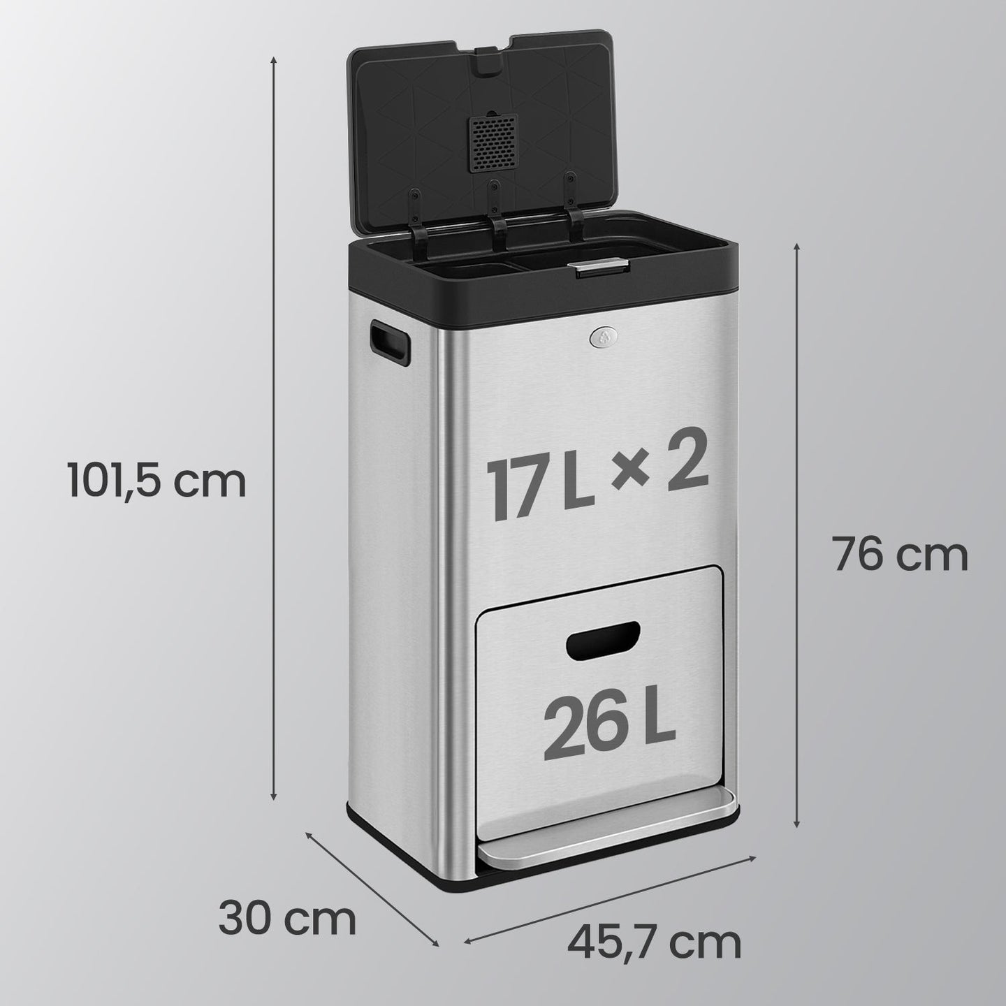 3-Compartment Kitchen Bin - Stainless Steel - Silver - Includes Carbon Filter