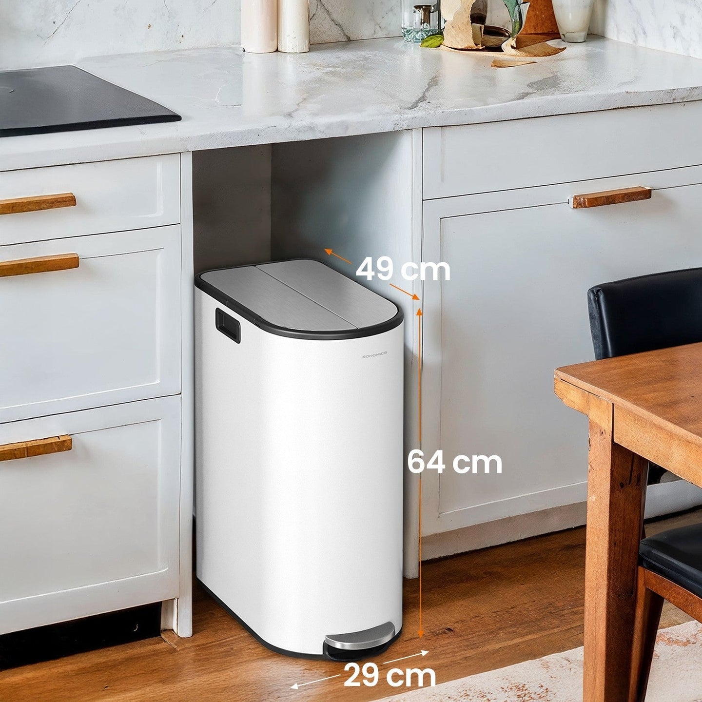 2-Section Recycling Pedal Bin - Metal - White and Silver - Slim Design with Butterfly Lids
