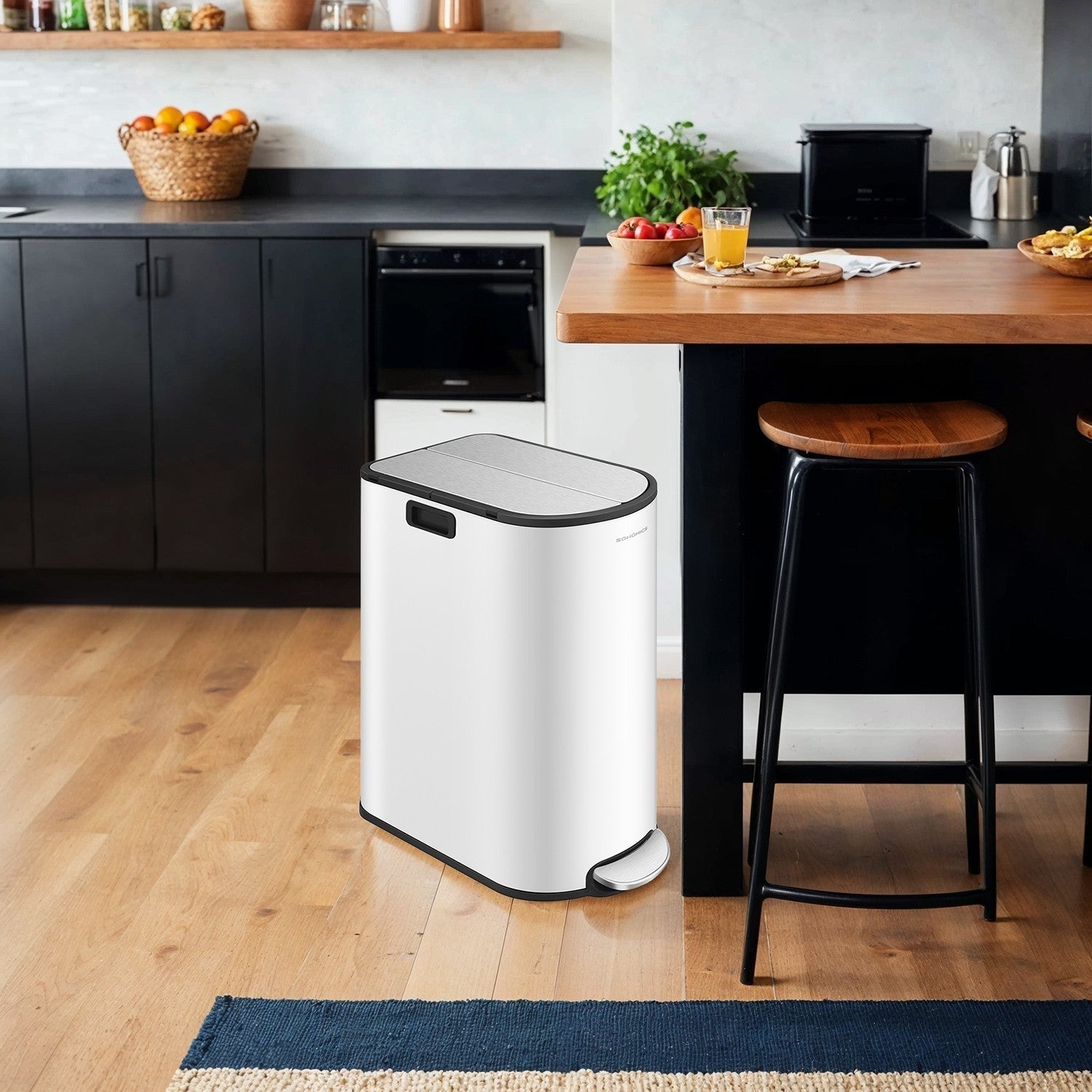 2-Section Recycling Pedal Bin - Metal - White and Silver - Slim Design with Butterfly Lids