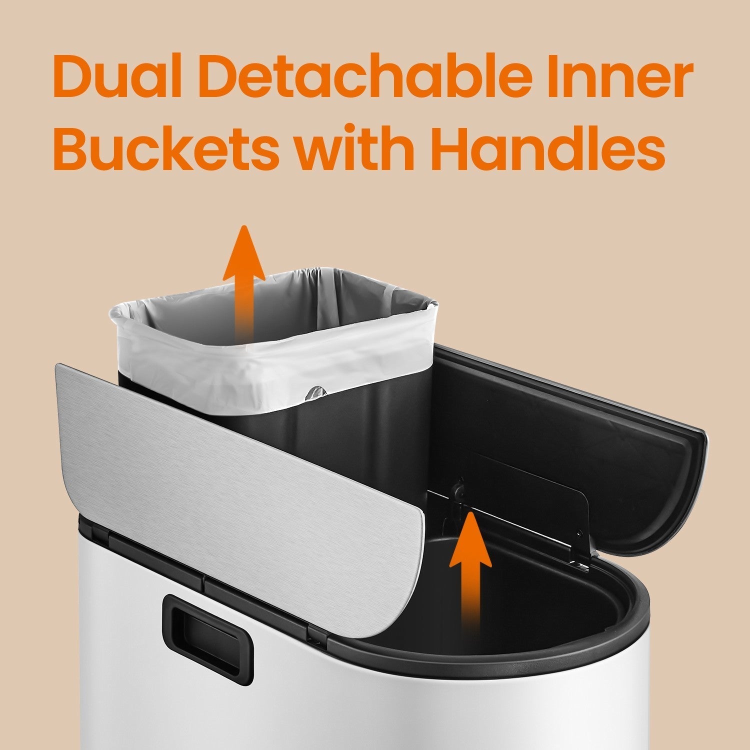 2-Section Recycling Pedal Bin - Metal - White and Silver - Slim Design with Butterfly Lids