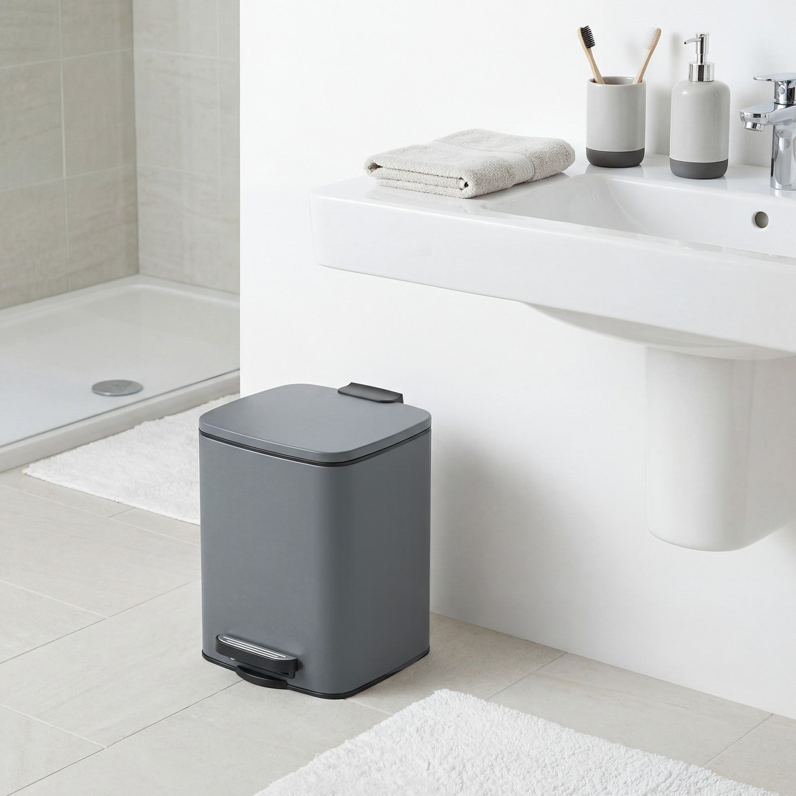 Bathroom Bin, Toilet Bin - Steel Bin and Plastic Inner Bucket - Gray