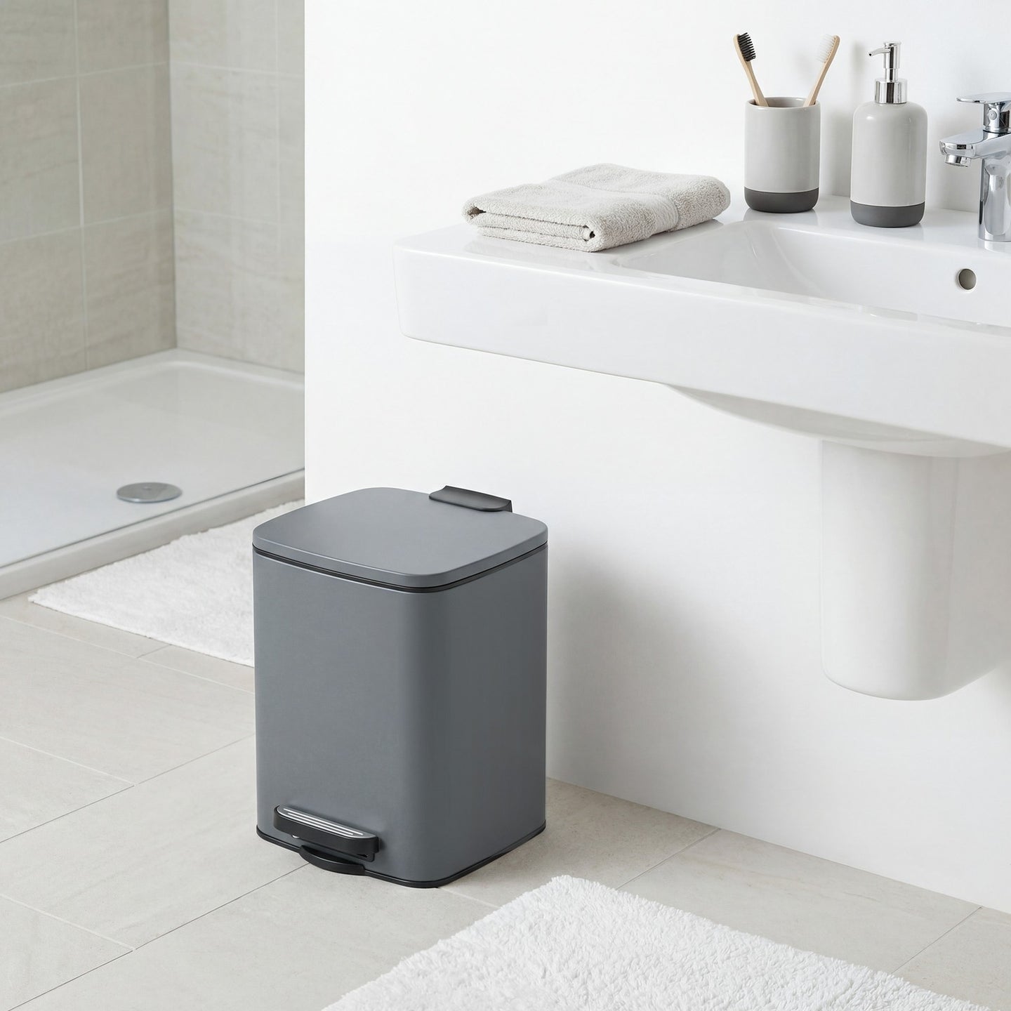 Bathroom Bin, Toilet Bin - Steel Bin and Plastic Inner Bucket - Gray