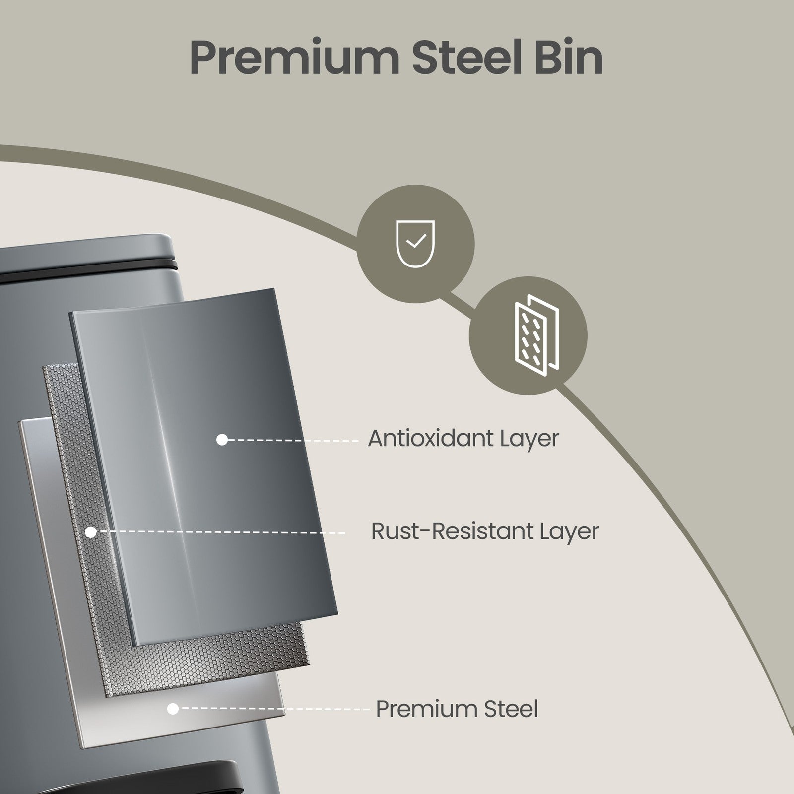 Bathroom Bin, Toilet Bin - Steel Bin and Plastic Inner Bucket - Gray