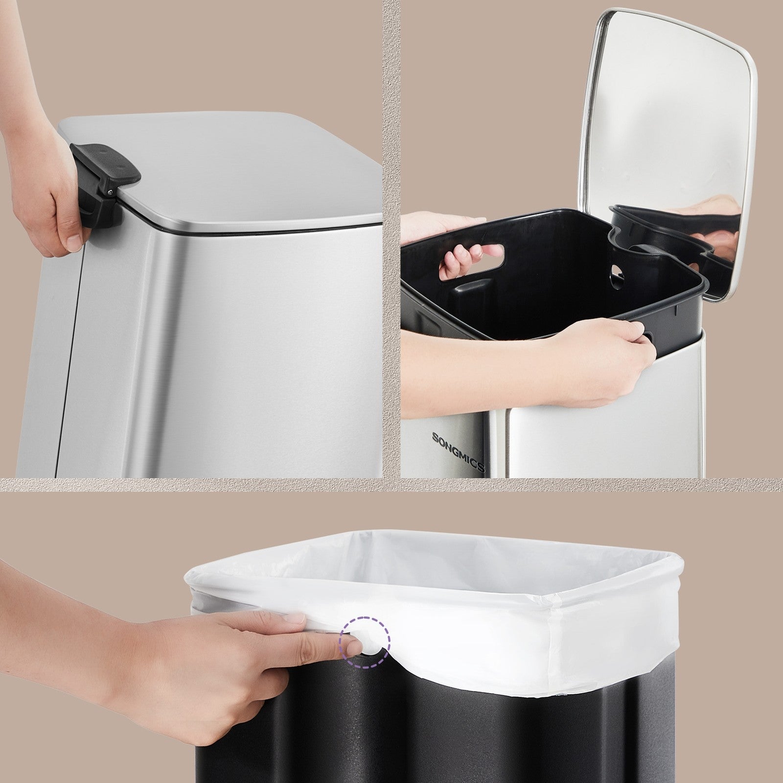 Trash Can - Stainless Steel - Metallic Silver - 20L Capacity with Soft Close and Stay Open Feature