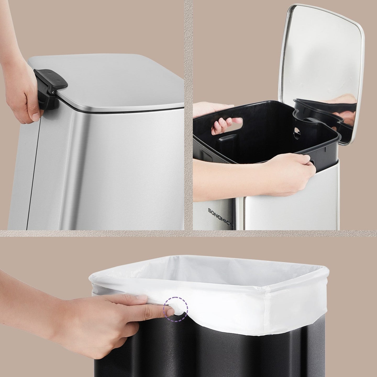 Trash Can - Stainless Steel - Metallic Silver - 20L Capacity with Soft Close and Stay Open Feature