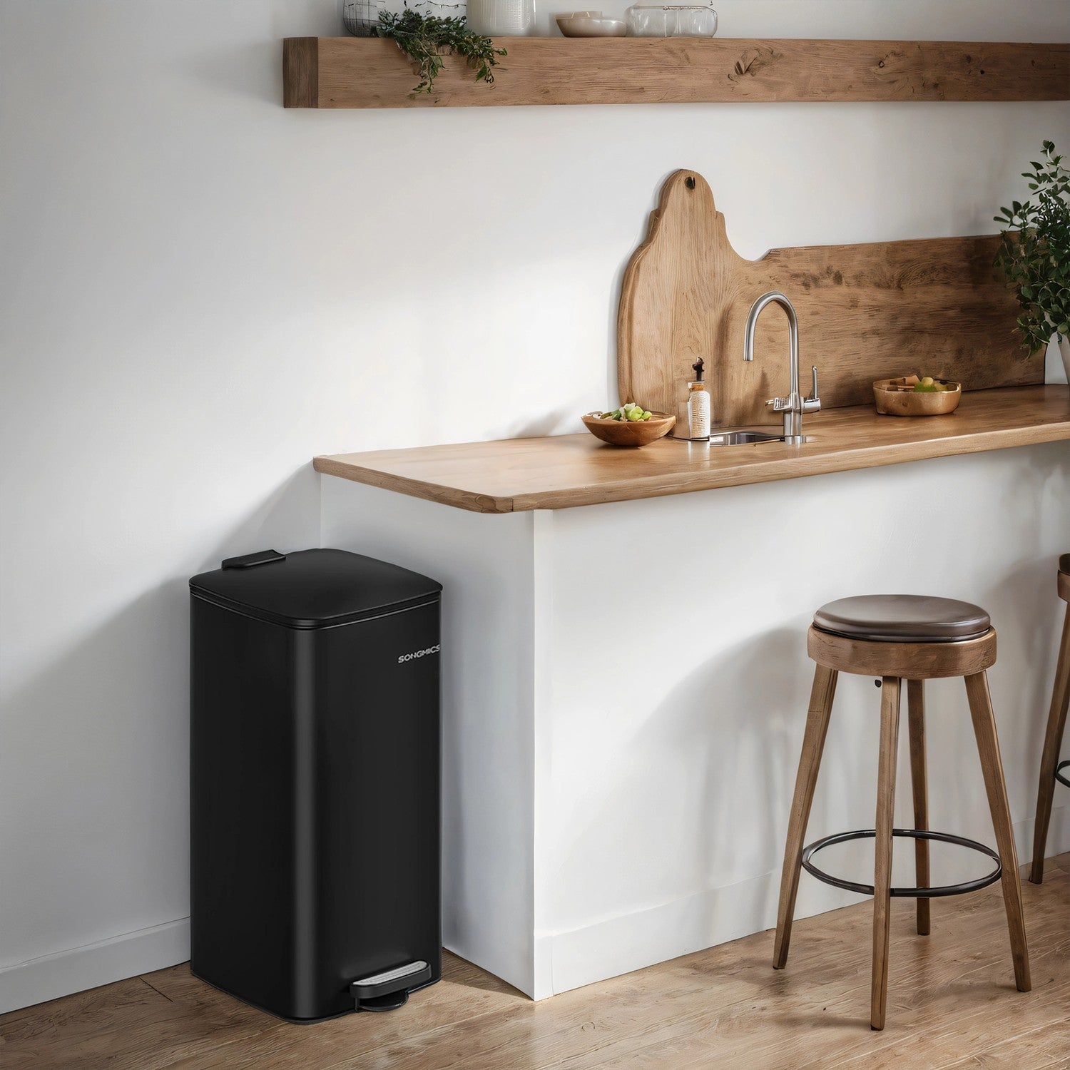 Pedal Waste Bin - Stainless Steel - Black - 30 L Capacity with Soft Close and Stays Open Feature