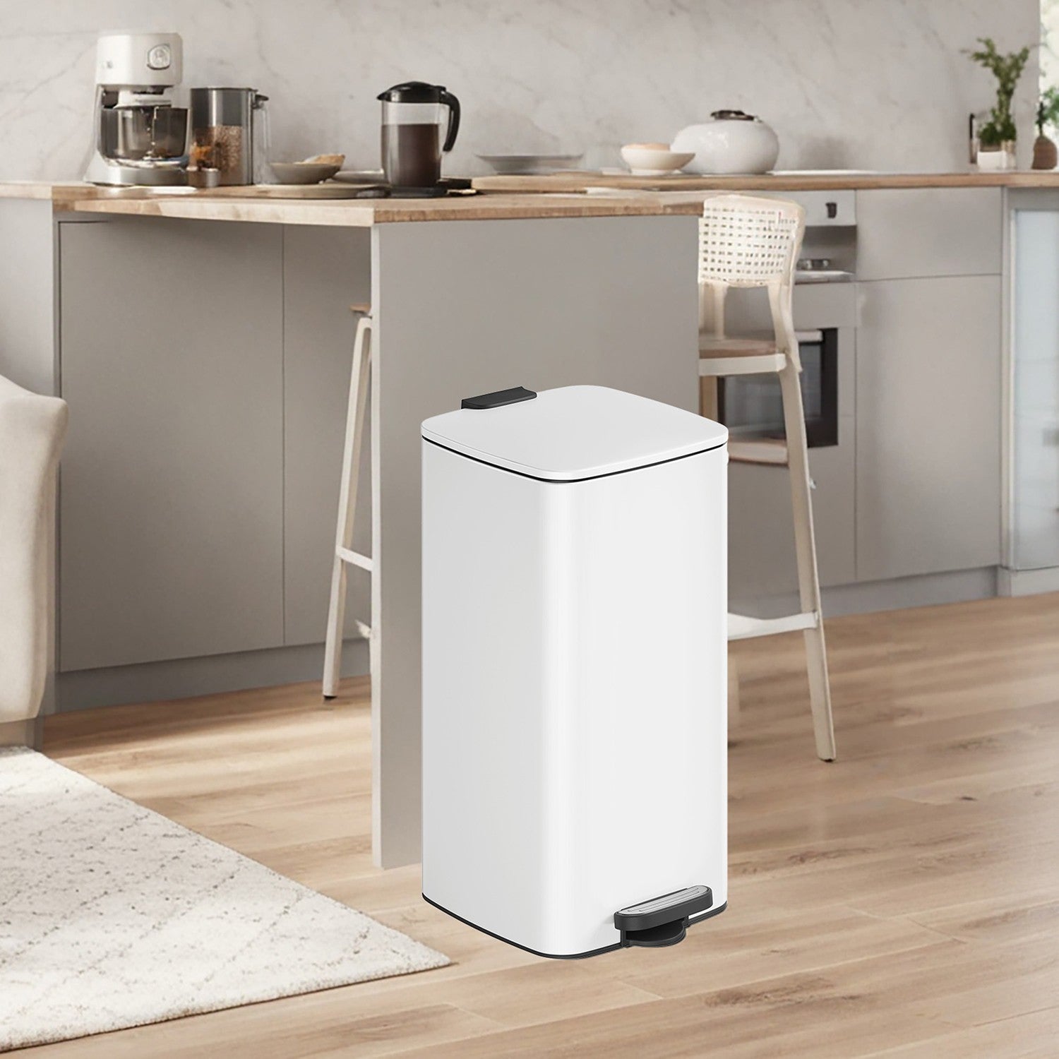 Pedal Waste Bin - Stainless Steel - White - Soft Close with Inner Bucket and Stays Open Feature