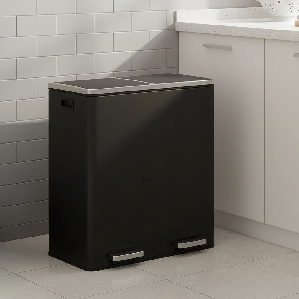 Pedal Rubbish Bin, Dual Sections, Soft-Close - Steel Bin - Black