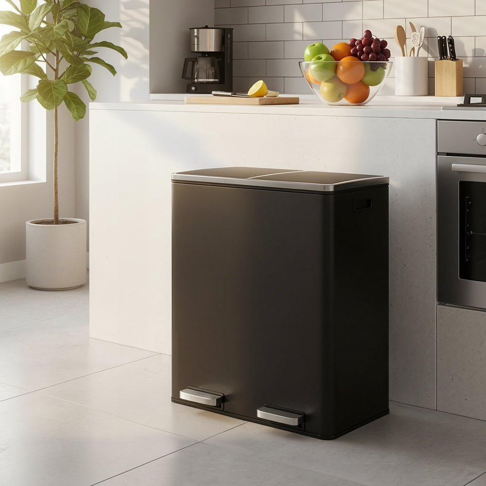 Pedal Rubbish Bin, Dual Sections, Soft-Close - Steel Bin - Black