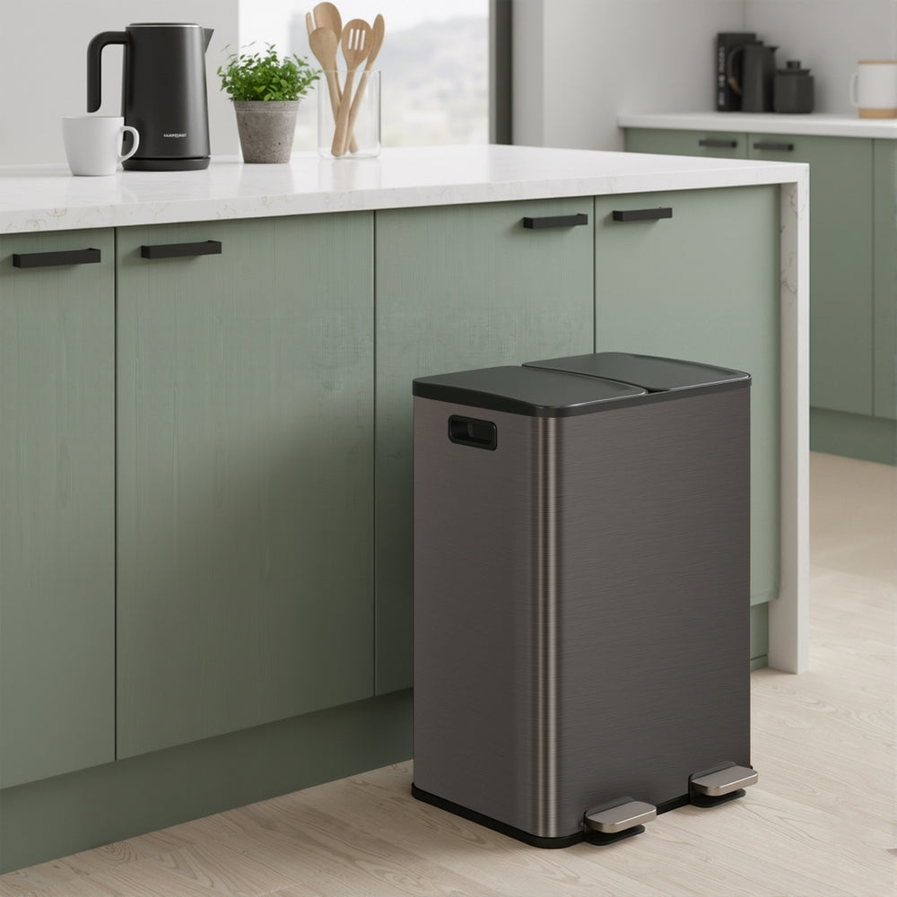 Dual-Compartment Trash Can - 60L - Steel - Soft-Close Lid