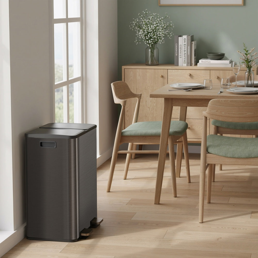 Dual-Compartment Trash Can - 60L - Steel - Soft-Close Lid