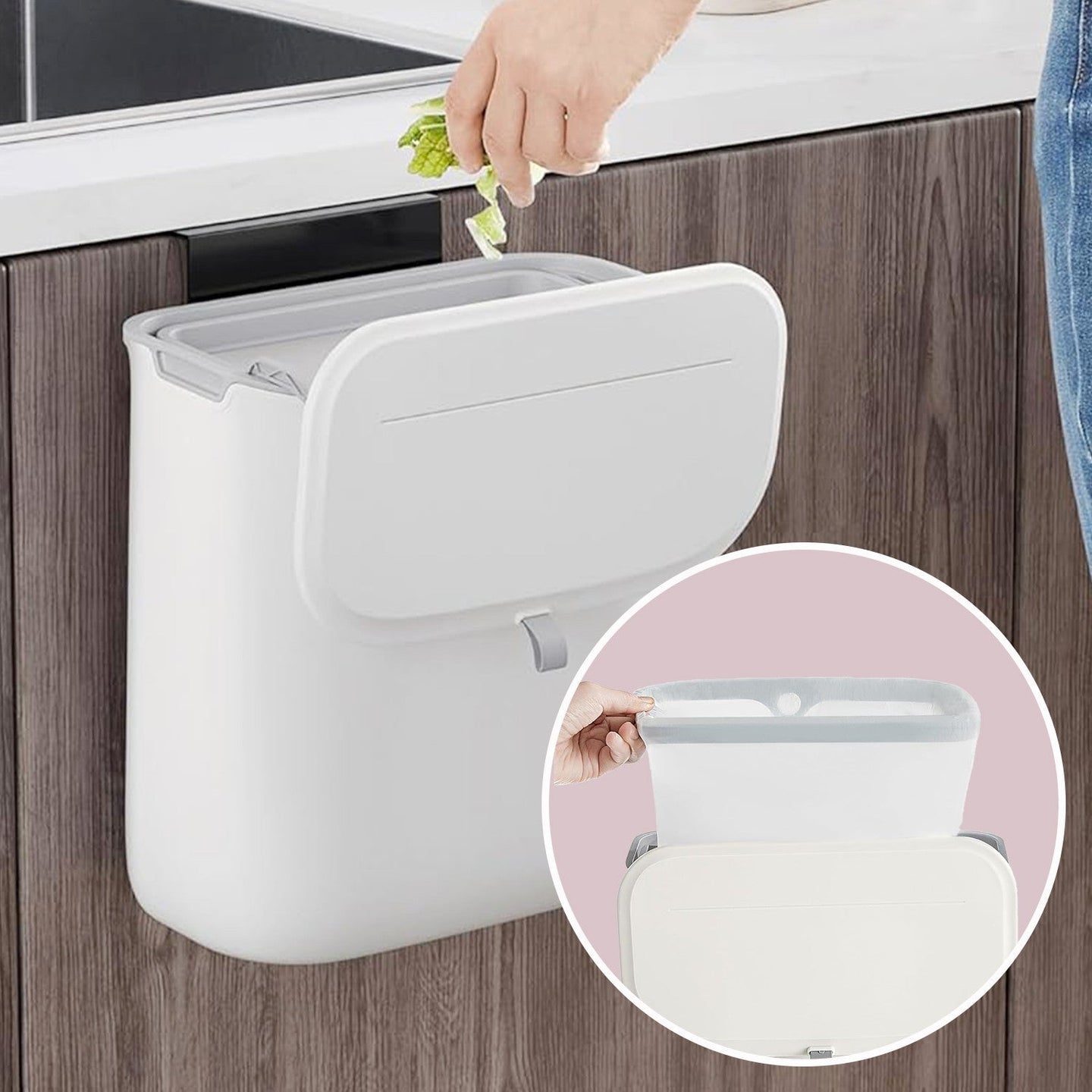Hanging Trash Can - Plastic - White - Wall Mounted with Lid