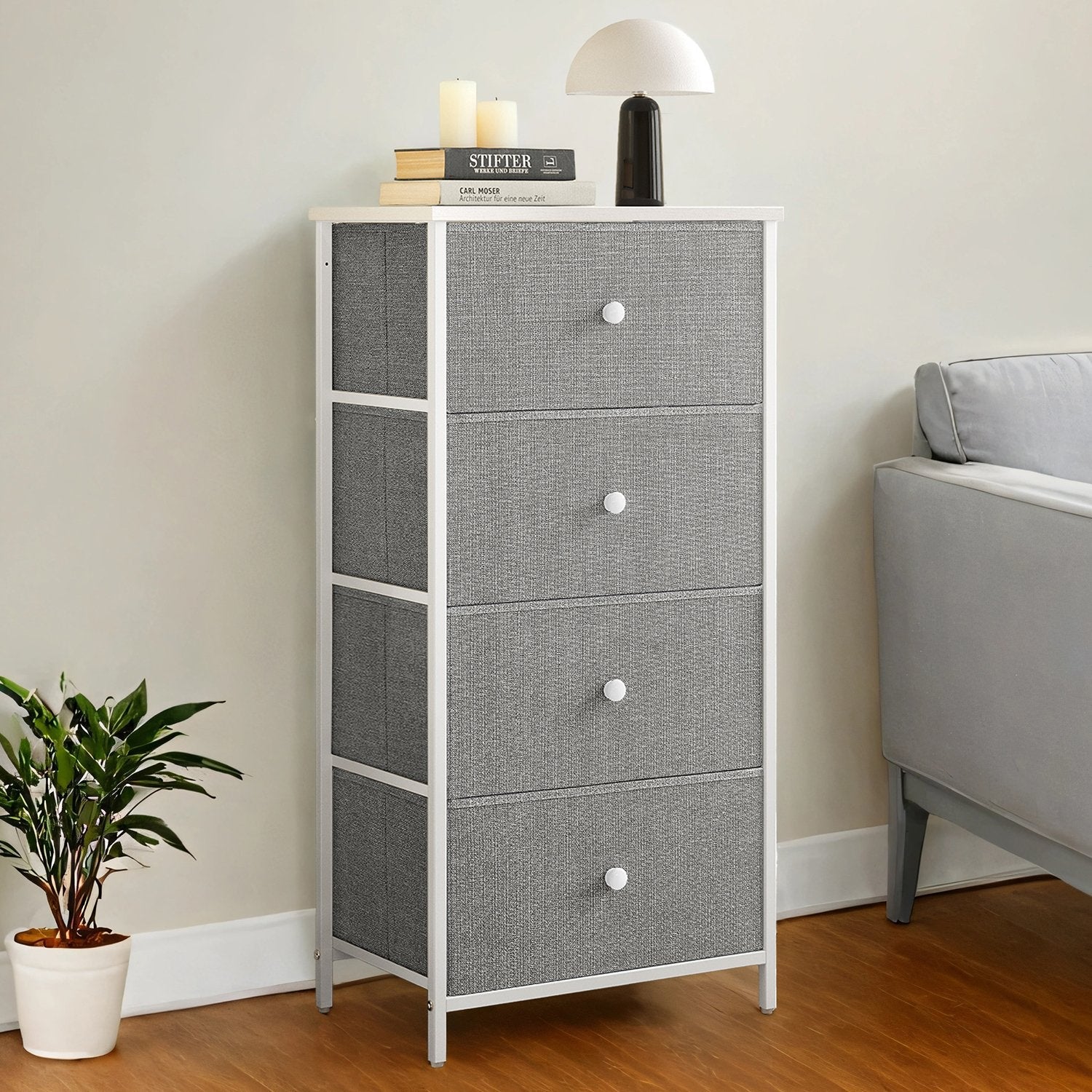 Dresser - Fabric - Light Grey and White - Slim Design with 4 Drawers