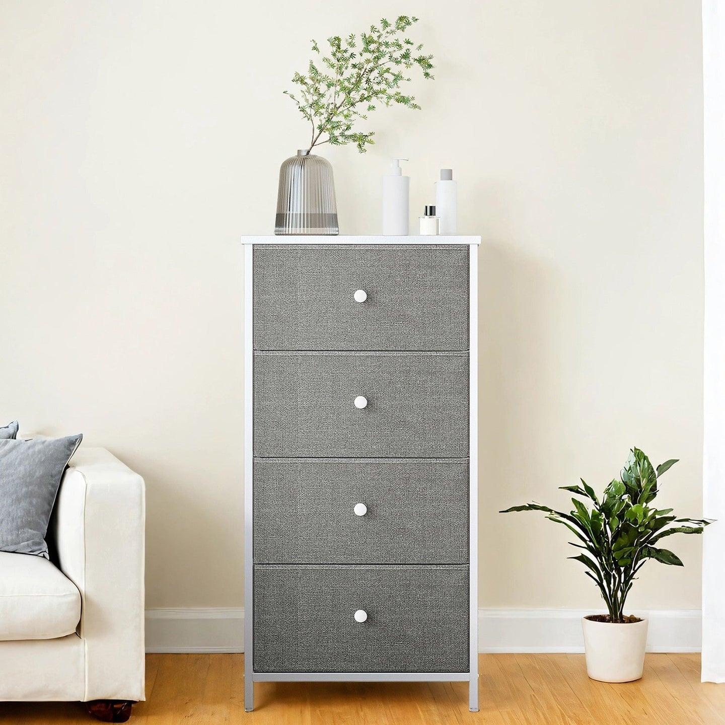 Dresser - Fabric - Light Grey and White - Slim Design with 4 Drawers