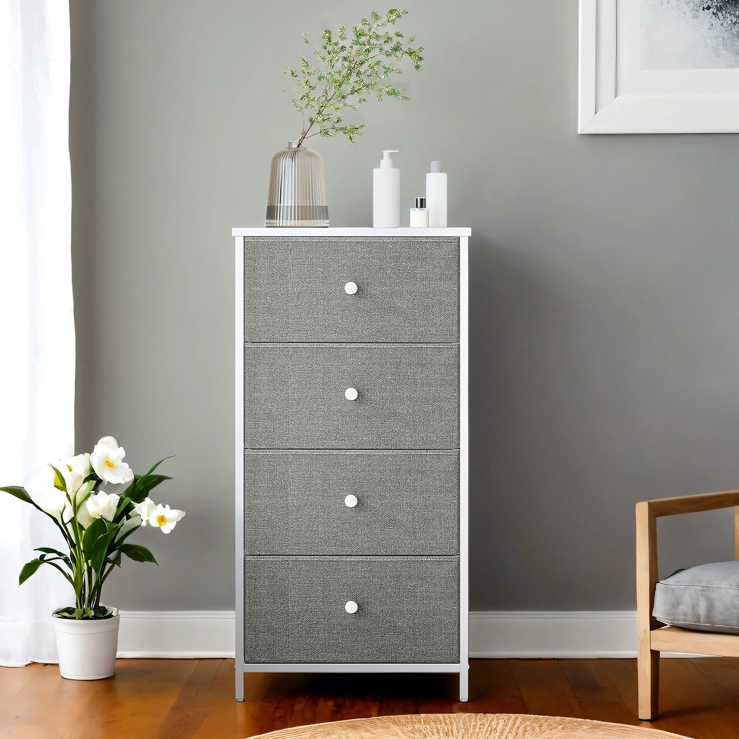 Dresser - Fabric - Light Grey and White - Slim Design with 4 Drawers