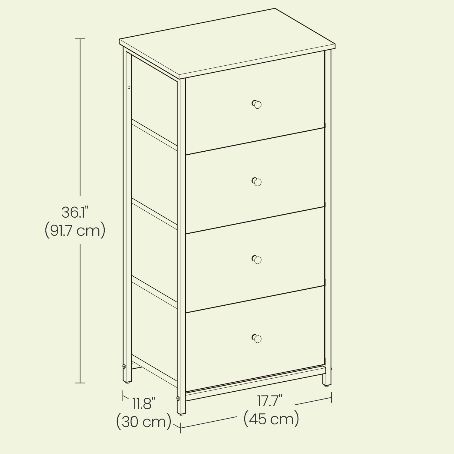 Dresser - Fabric - Light Grey and White - Slim Design with 4 Drawers