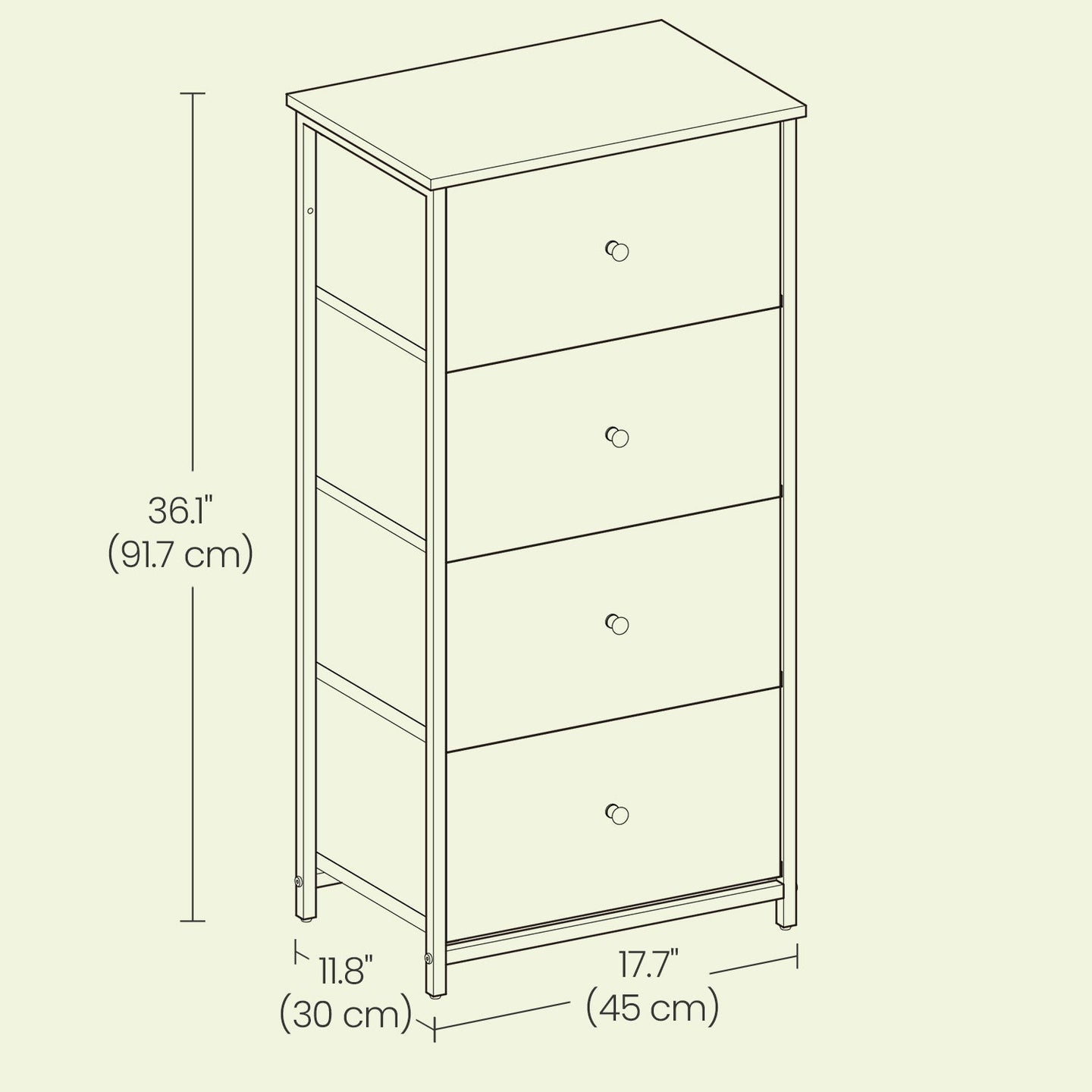 Dresser - Fabric - Light Grey and White - Slim Design with 4 Drawers