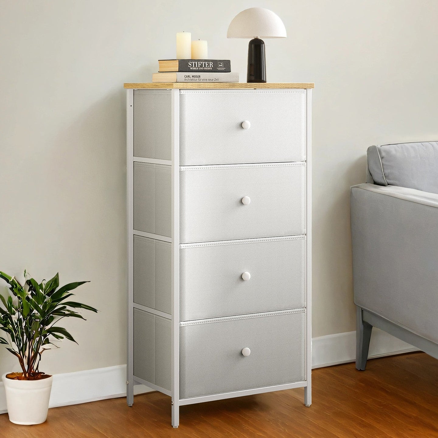 Dresser - Fabric - Light Grey and White - Slim Design with 4 Drawers