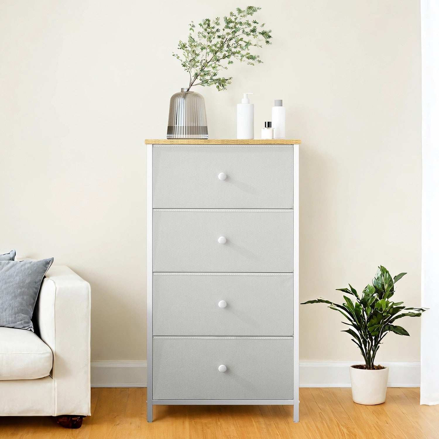 Dresser - Fabric - Light Grey and White - Slim Design with 4 Drawers