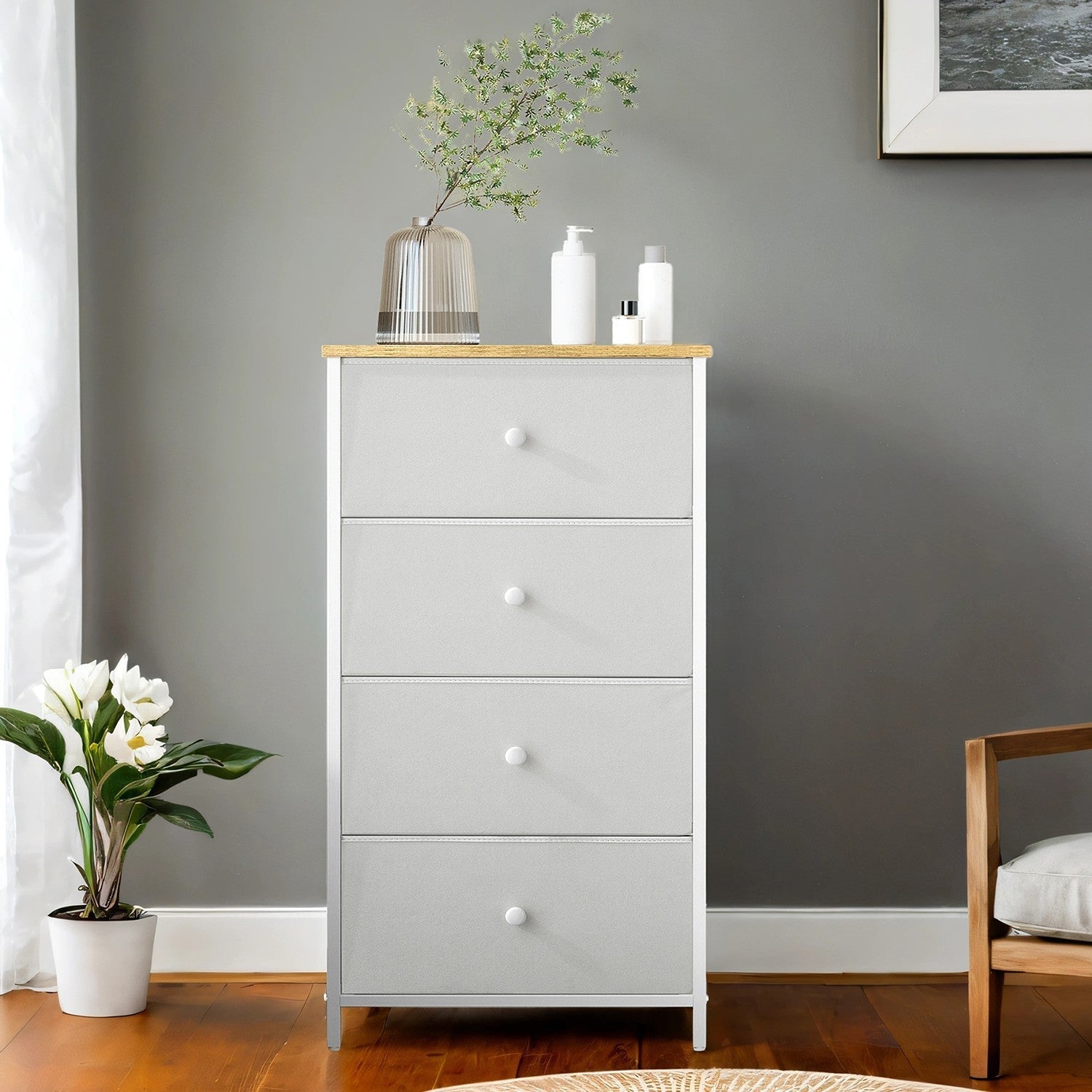 Dresser - Fabric - Light Grey and White - Slim Design with 4 Drawers