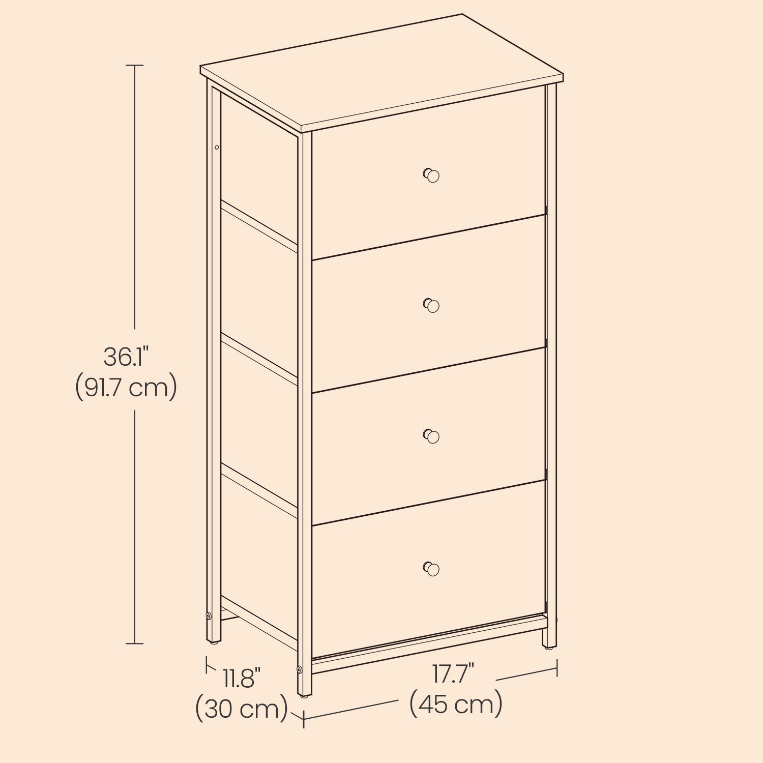 Dresser - Fabric - Light Grey and White - Slim Design with 4 Drawers