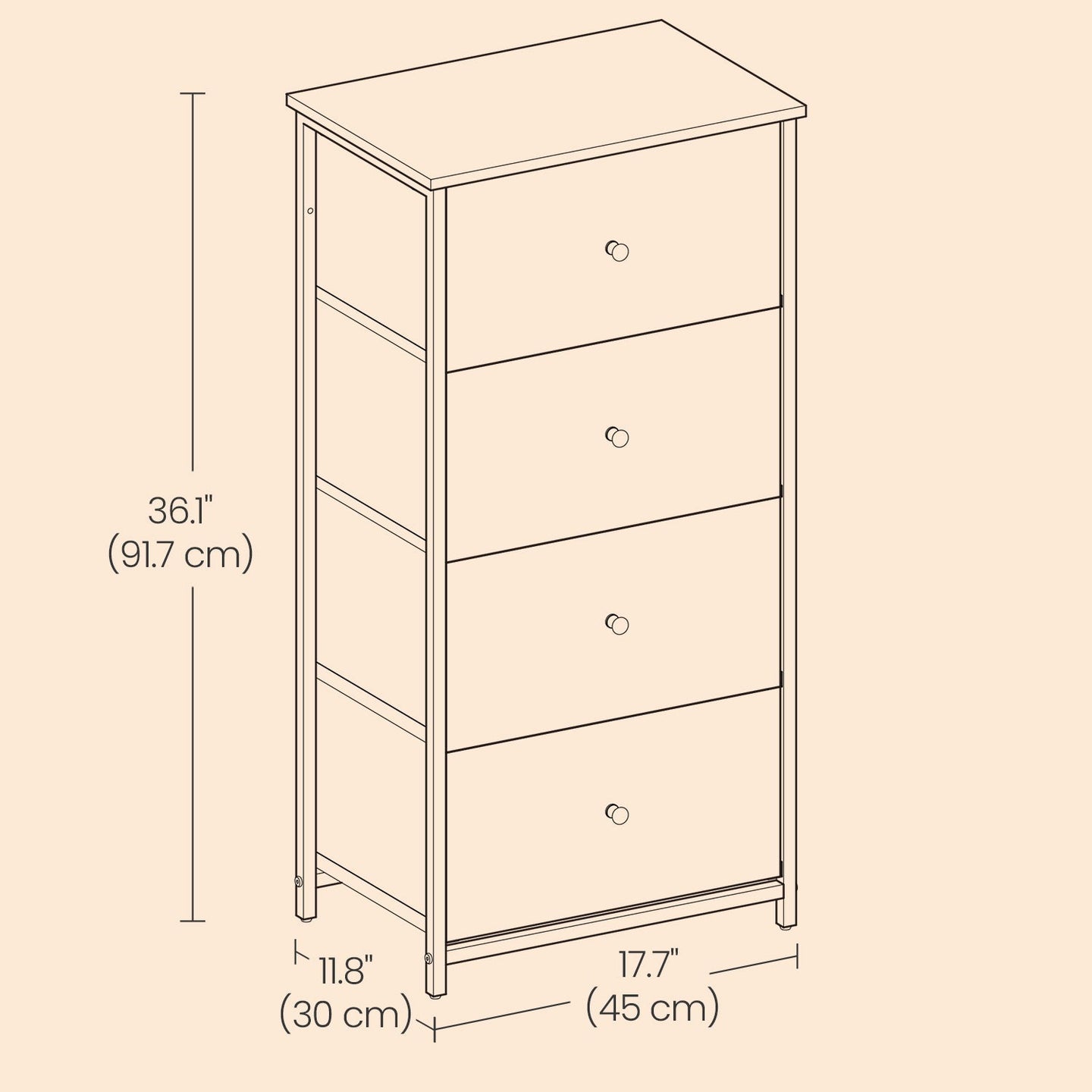 Dresser - Fabric - Light Grey and White - Slim Design with 4 Drawers