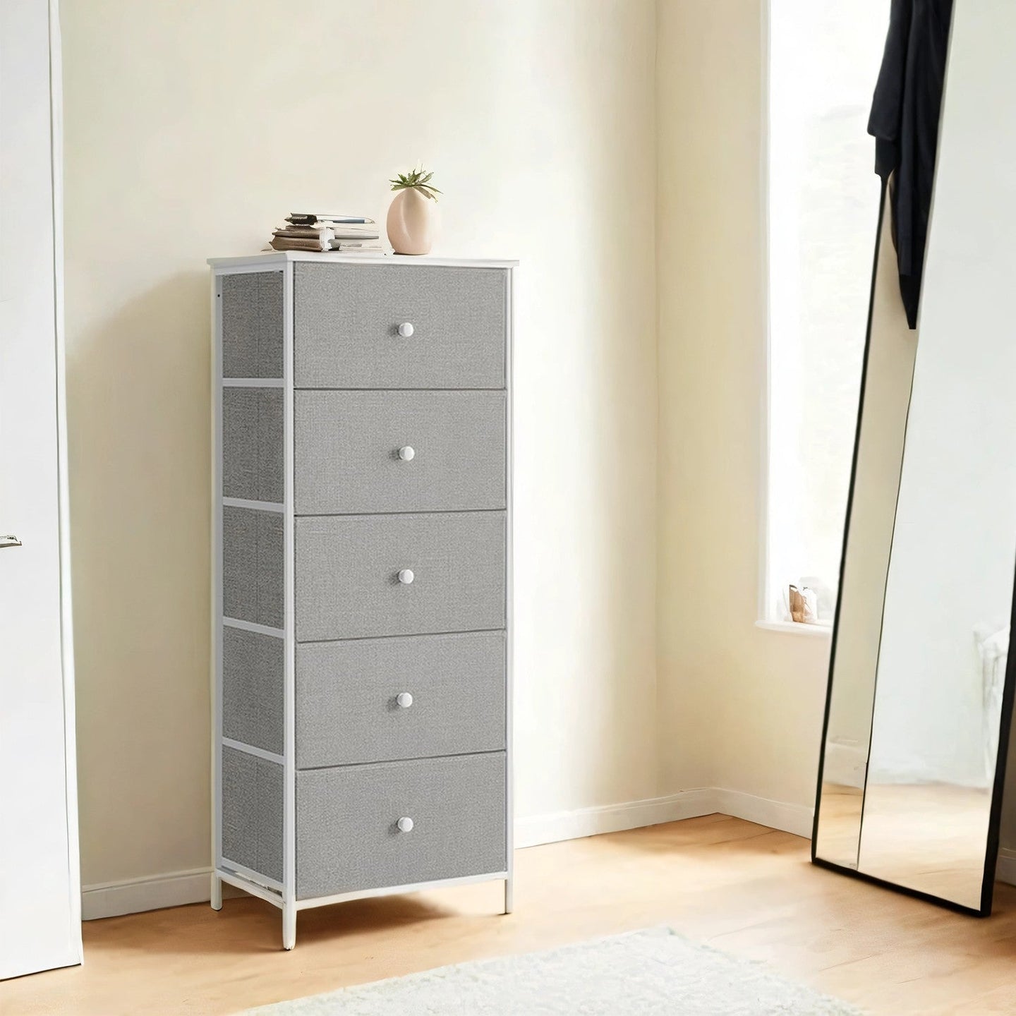 Chest of Drawers - Fabric - Light Grey and White - Tall and Slim Design with 5 Storage Drawers