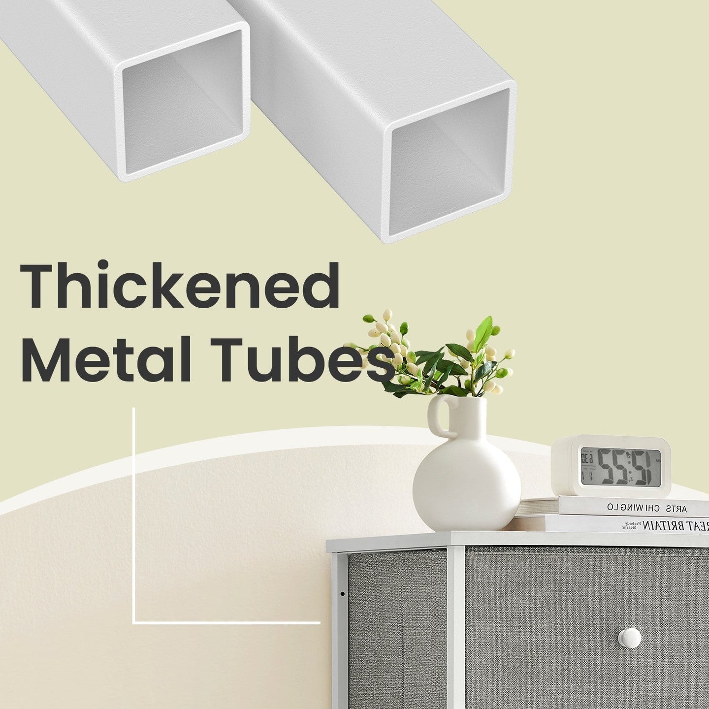 Chest of Drawers - Fabric - Light Grey and White - Tall and Slim Design with 5 Storage Drawers