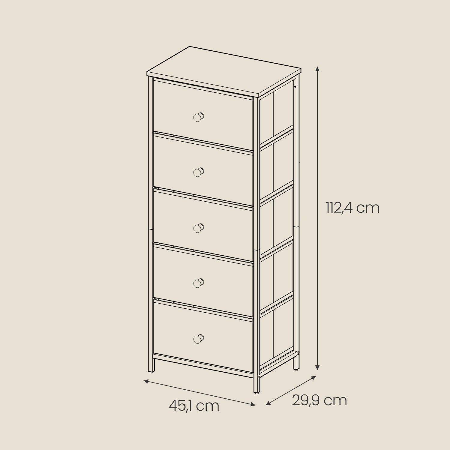 Chest of Drawers - Fabric - Light Grey and White - Tall and Slim Design with 5 Storage Drawers