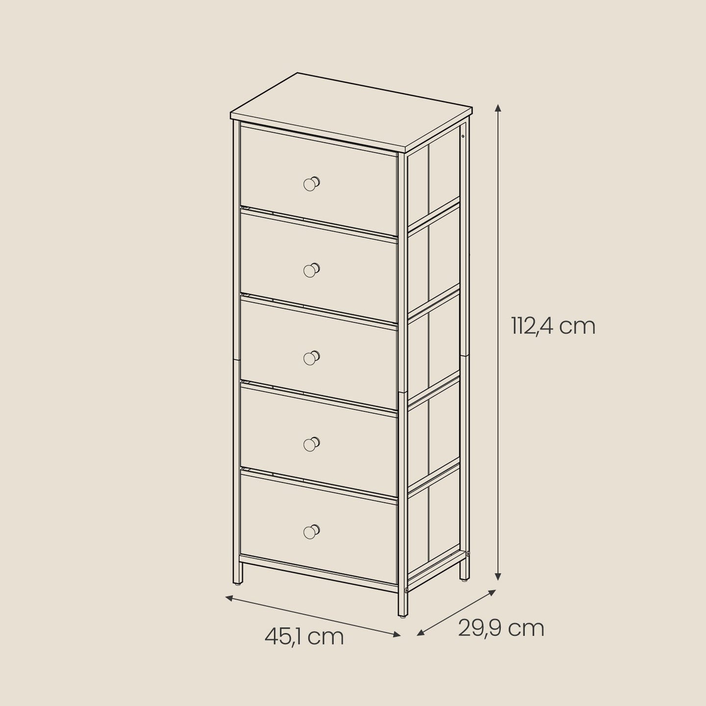 Chest of Drawers - Fabric - Light Grey and White - Tall and Slim Design with 5 Storage Drawers