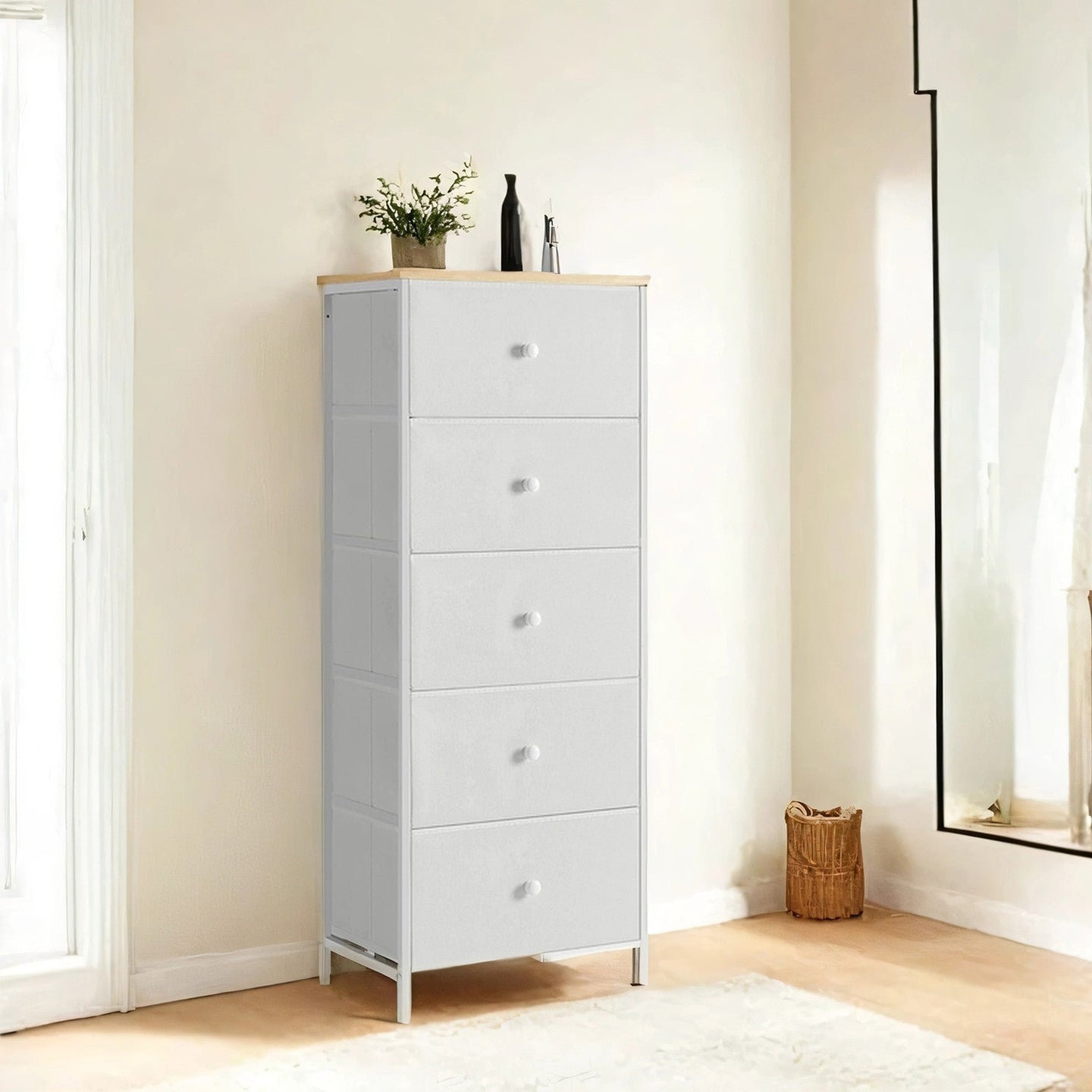 Storage Cabinet - Metal Frame - Light Grey and White - Tall Slim Design with 5 Drawers