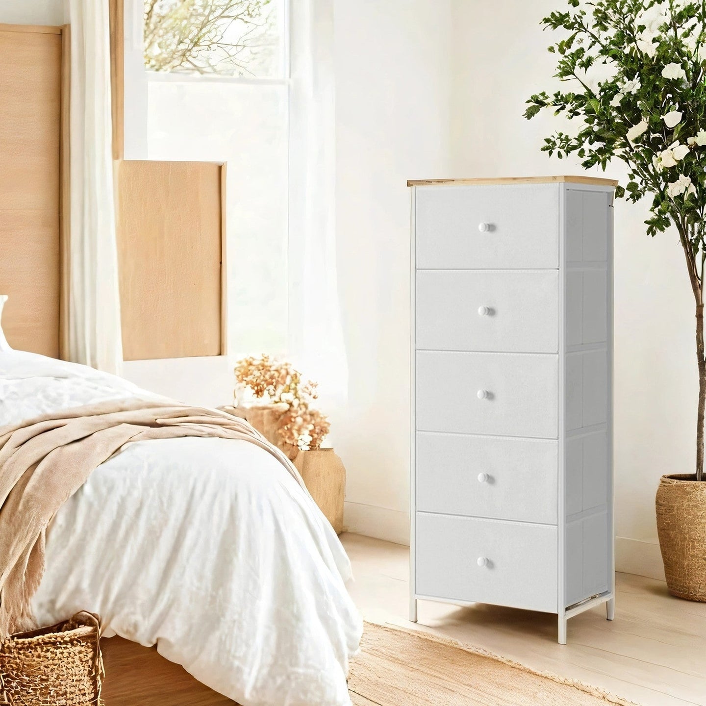Storage Cabinet - Metal Frame - Light Grey and White - Tall Slim Design with 5 Drawers