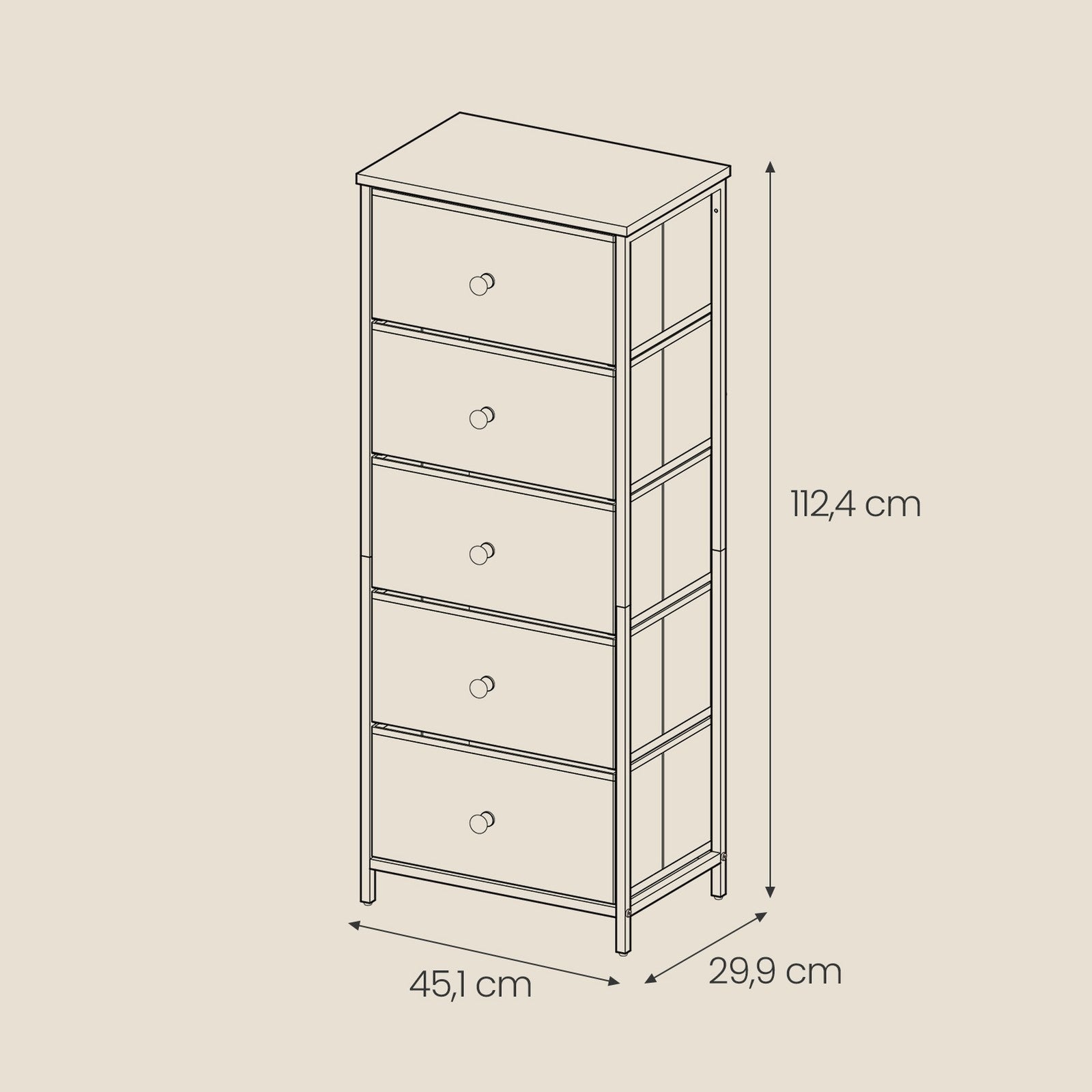 Storage Cabinet - Metal Frame - Light Grey and White - Tall Slim Design with 5 Drawers