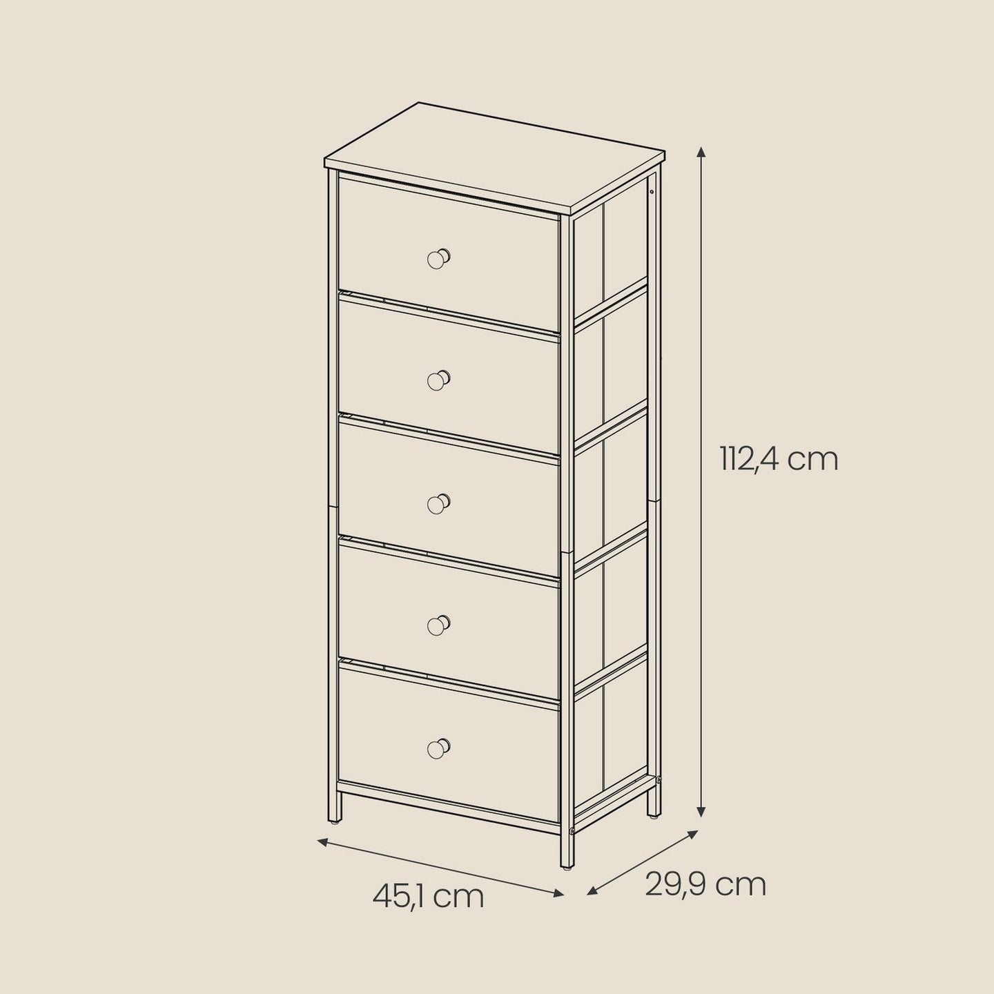 Storage Cabinet - Metal Frame - Light Grey and White - Tall Slim Design with 5 Drawers