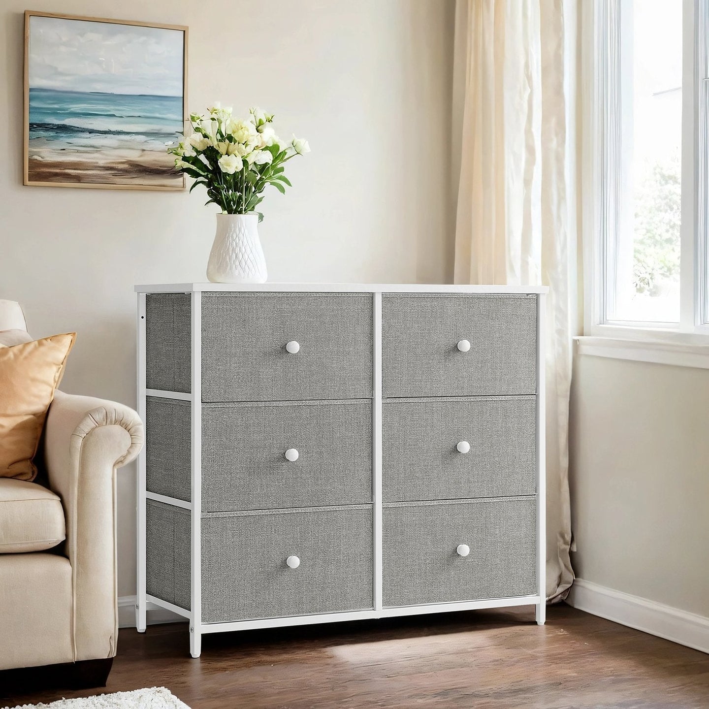 Dresser - Fabric - Rustic Brown and Black - 6-Drawer Storage Unit with Metal Frame