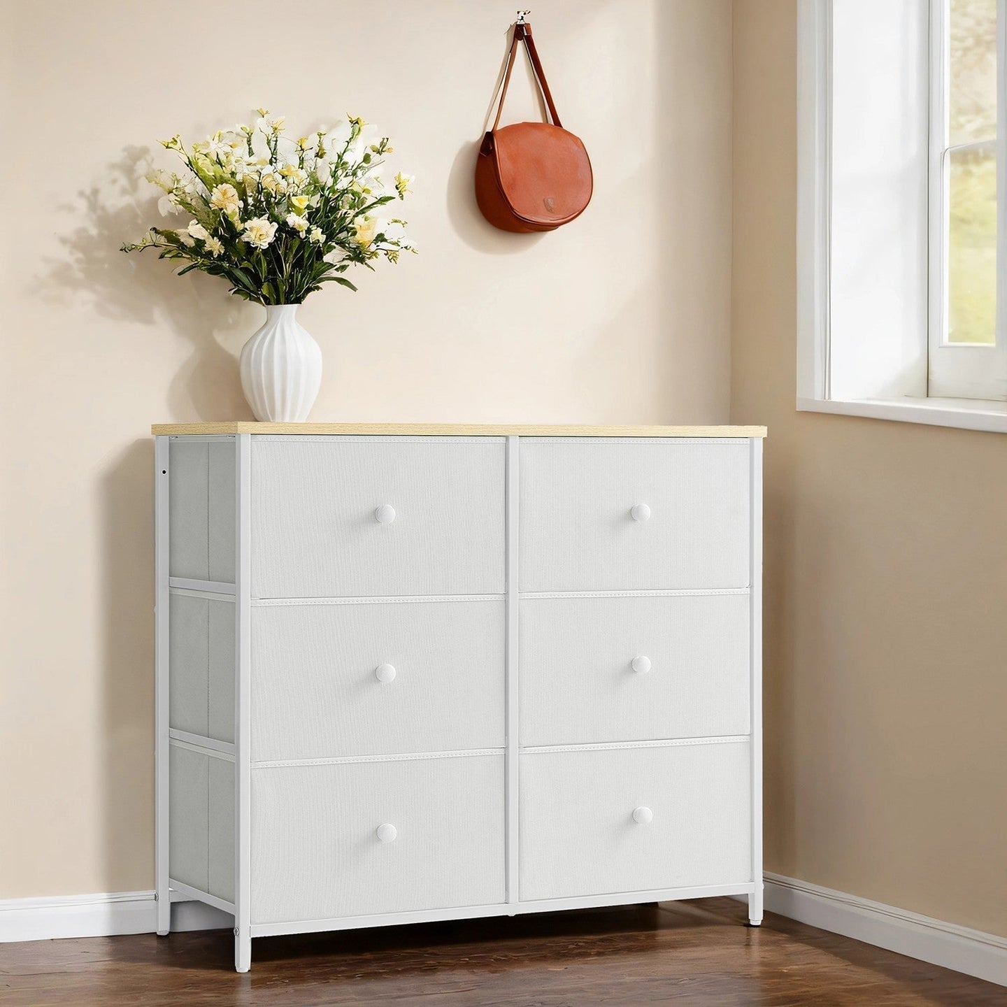 Dresser - Fabric - Rustic Brown and Black - 6-Drawer Storage Unit with Metal Frame