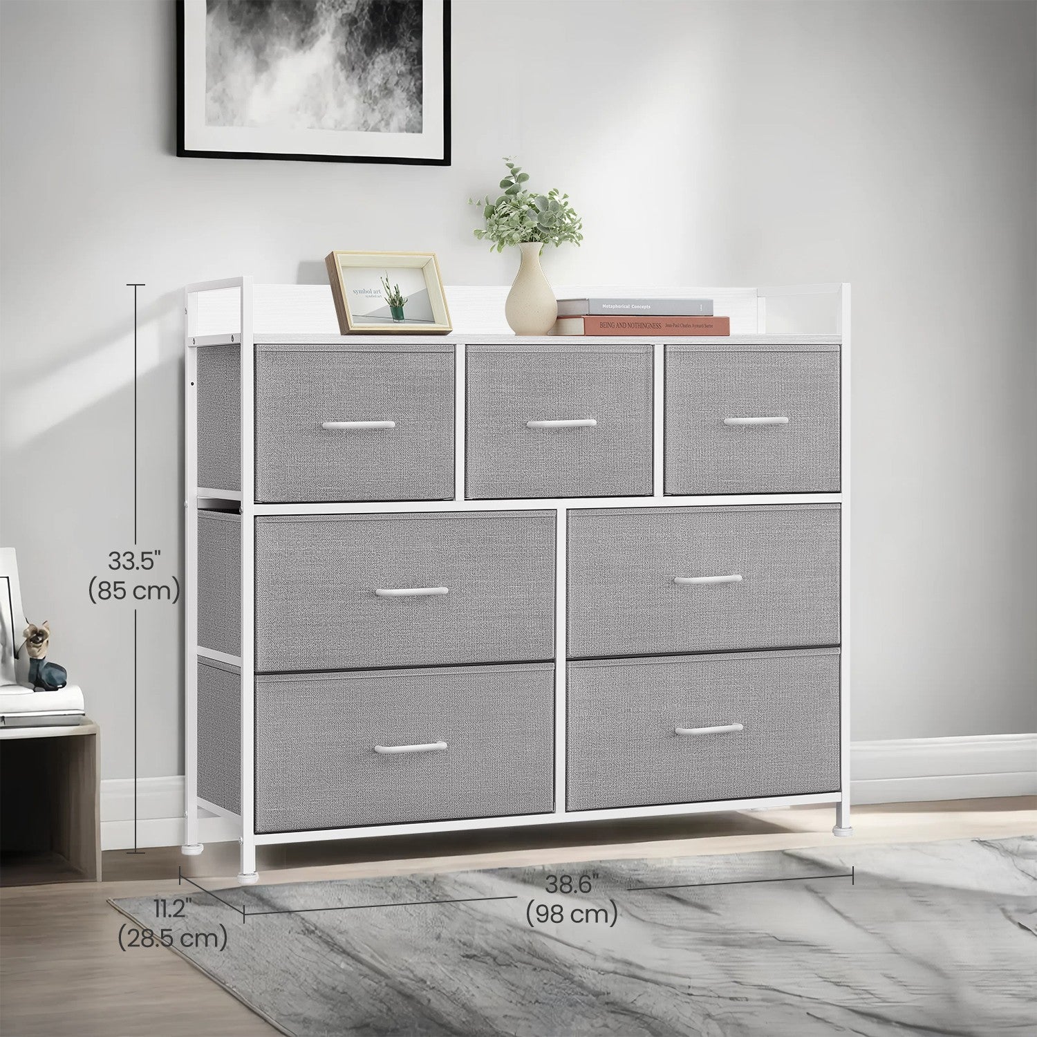 Dresser Cabinet - 7 Fabric Drawers - Metal Frame - Dove Grey