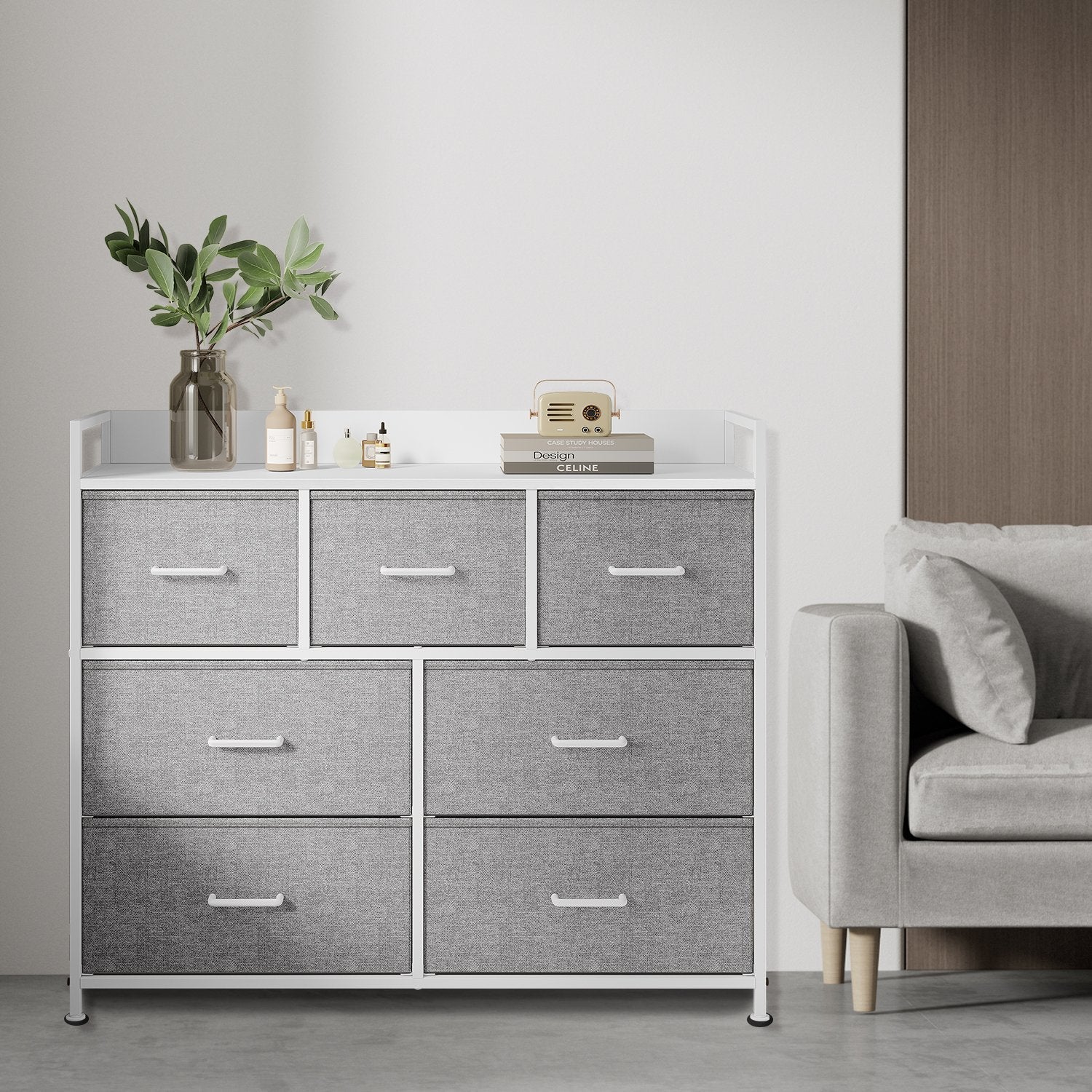 Dresser Cabinet - 7 Fabric Drawers - Metal Frame - Dove Grey