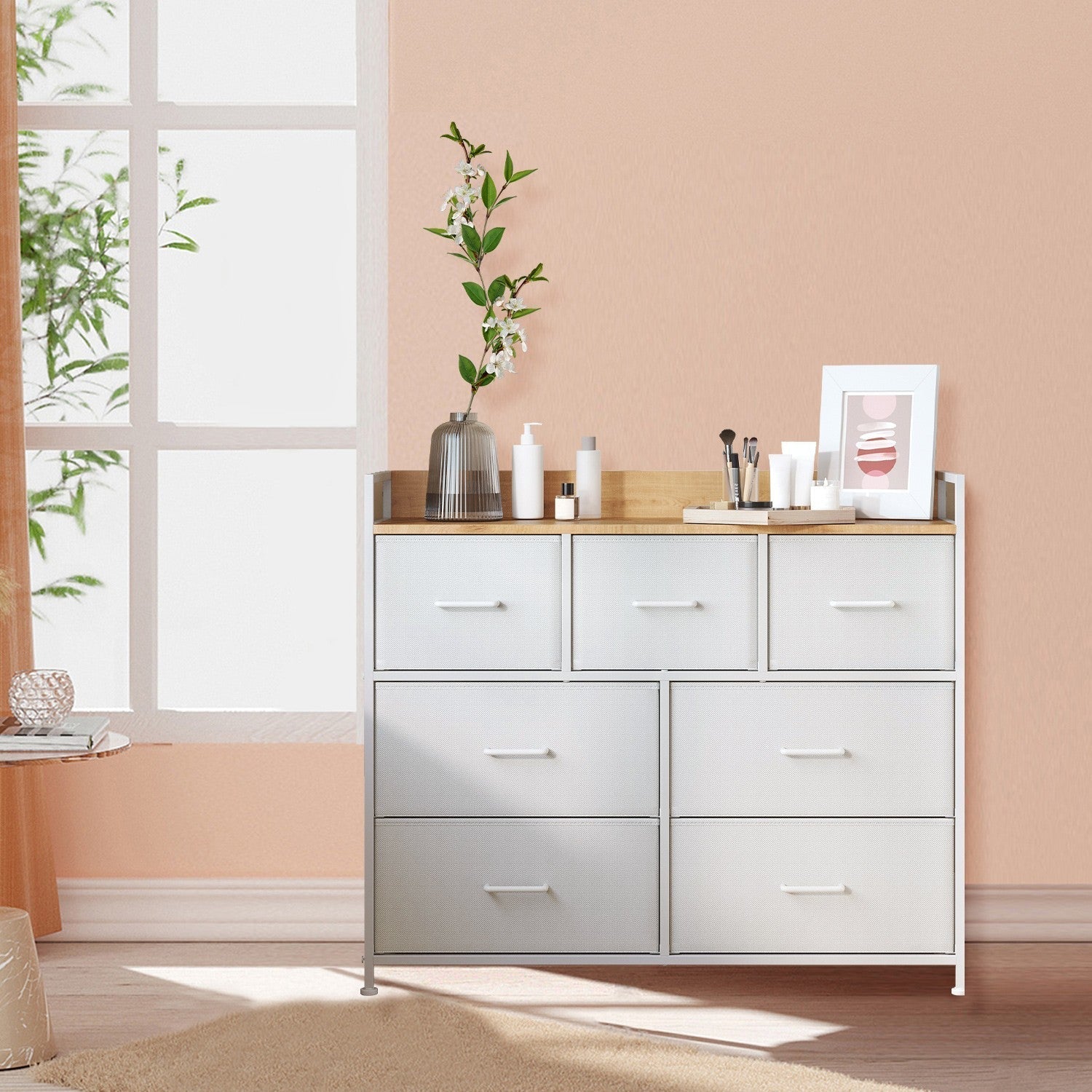 Dresser Cabinet - 7 Fabric Drawers - Metal Frame - Dove Grey