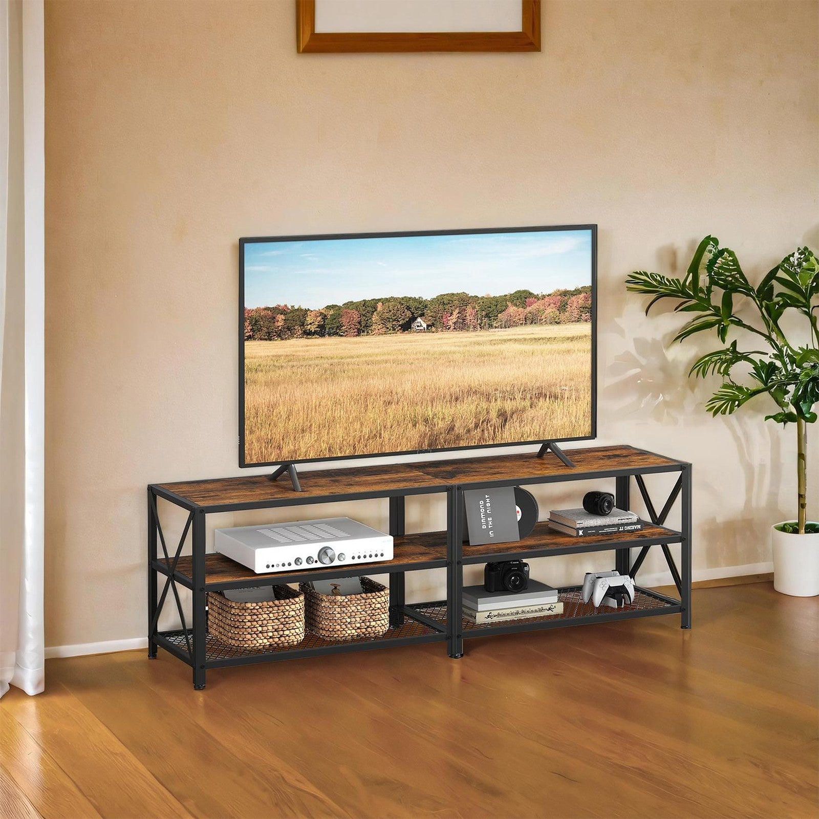 TV Stand for TV up to 70 Inches - Wood and Steel Frame - Rustic Brown