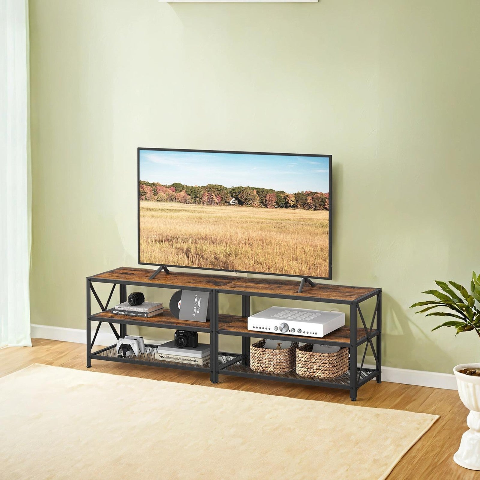 TV Stand for TV up to 70 Inches - Wood and Steel Frame - Rustic Brown
