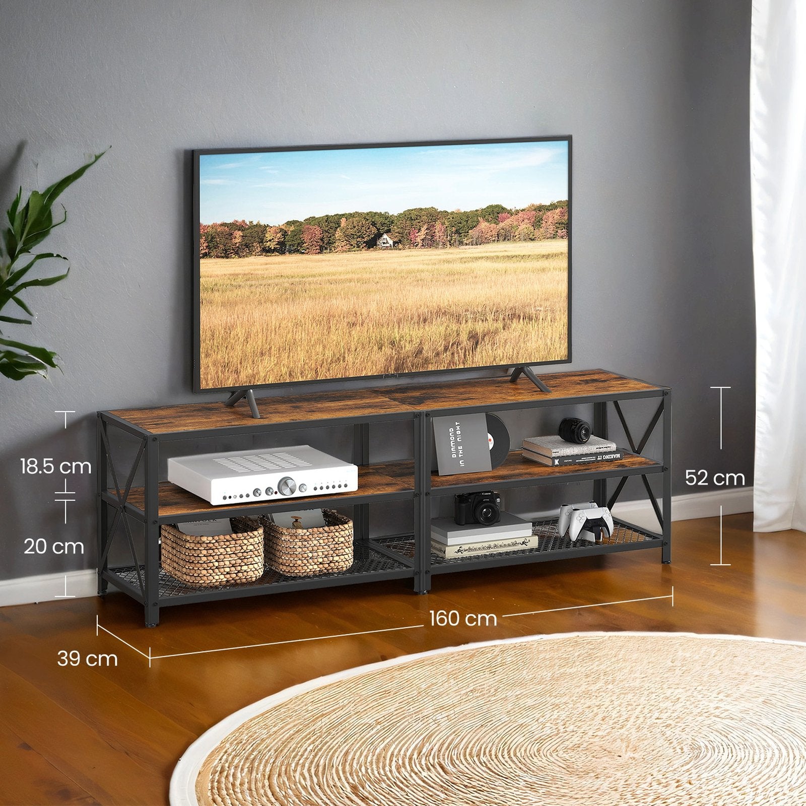 TV Stand for TV up to 70 Inches - Wood and Steel Frame - Rustic Brown