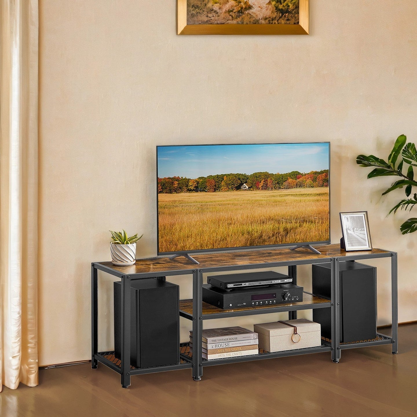 TV Stand - Wood - Rustic Brown and Black - 3-Tier Entertainment Console for Living Room