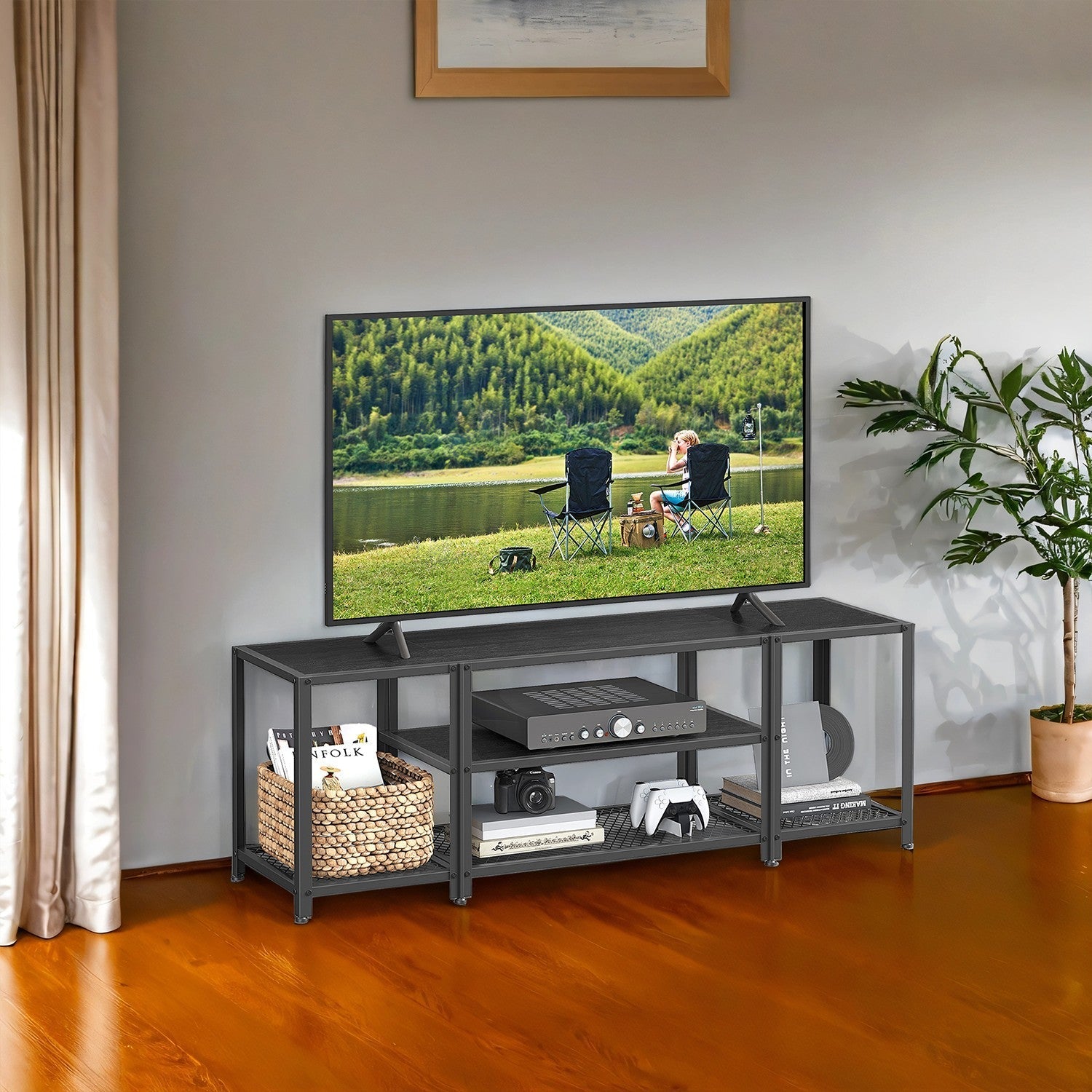 TV Stand - Wood - Rustic Brown and Black - 3-Tier Entertainment Console for Living Room