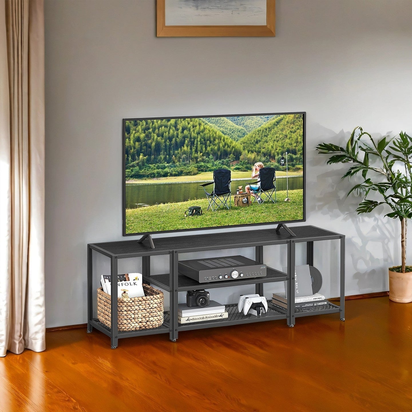 TV Stand - Wood - Rustic Brown and Black - 3-Tier Entertainment Console for Living Room