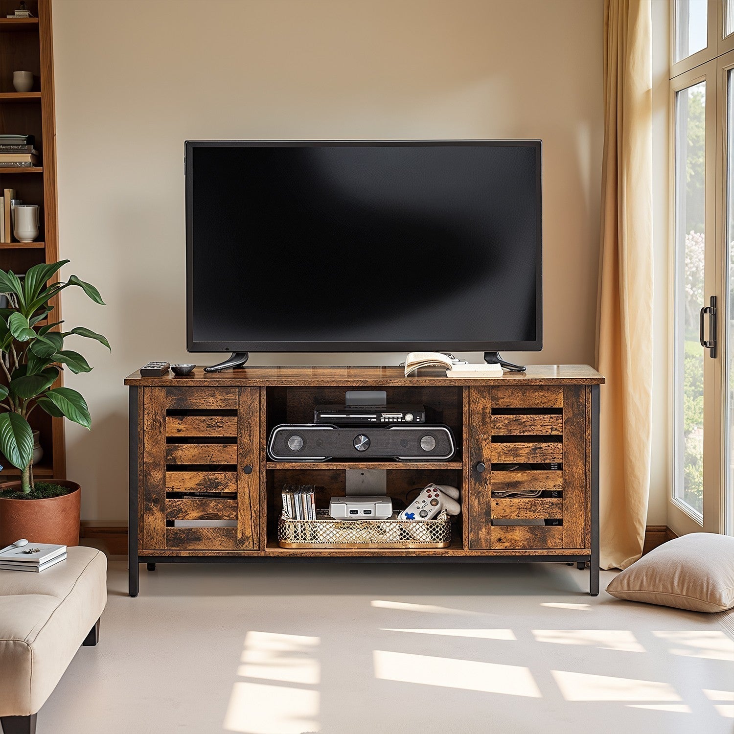 Media Console Table - Wood - Brown and Black - Louvered Doors with Storage
