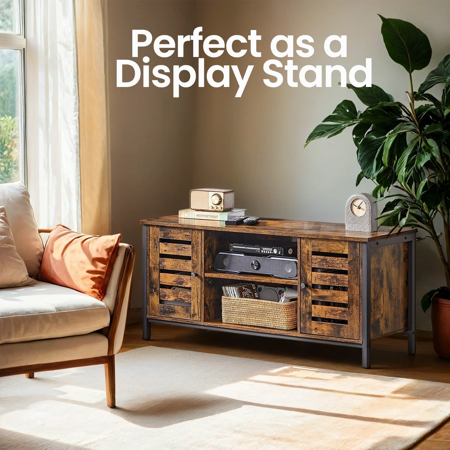 Media Console Table - Wood - Brown and Black - Louvered Doors with Storage